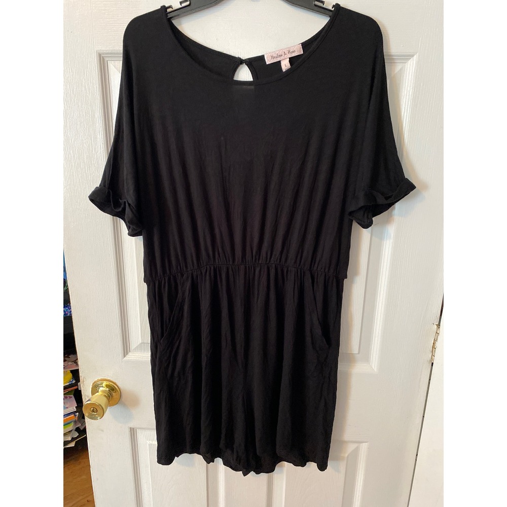Harlow & Rose Womens Black Short Sleeve Romper Elastic Waist Keyhole Back L